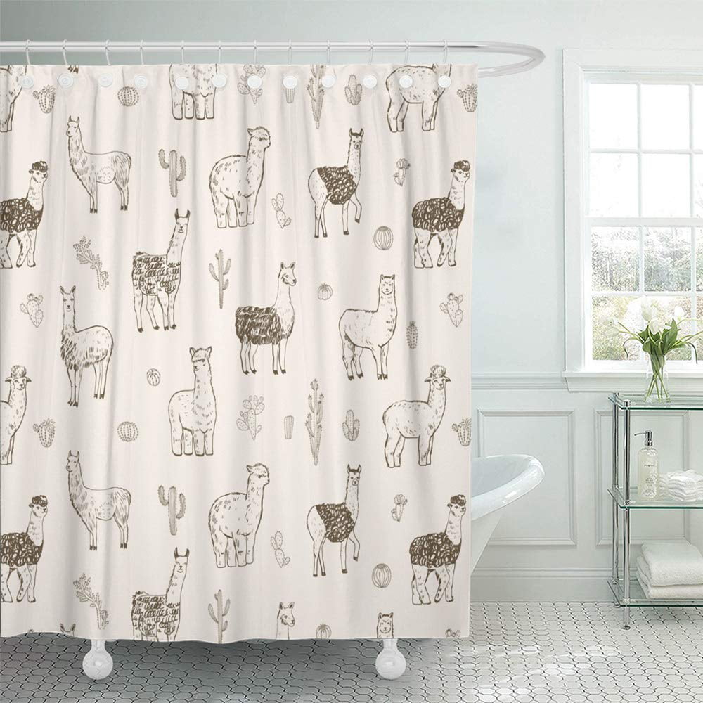 72X72" Watercolor Alpaca Cactus Fabric Shower Curtain Liner Bathroom Mat 12Hooks 