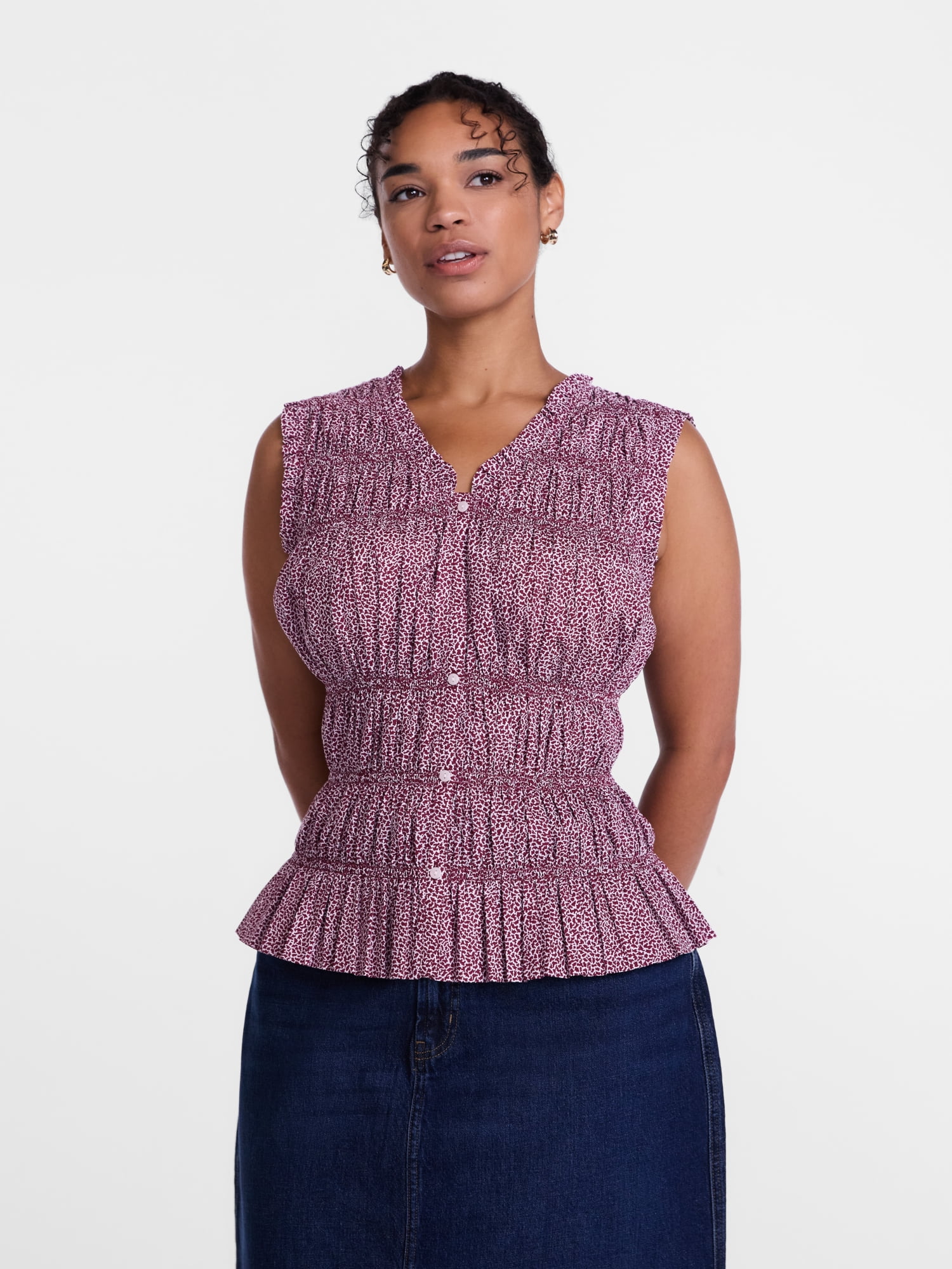 Scenario Women's Smocked Sleeveless Button Front Top, Sizes XS-XXXL