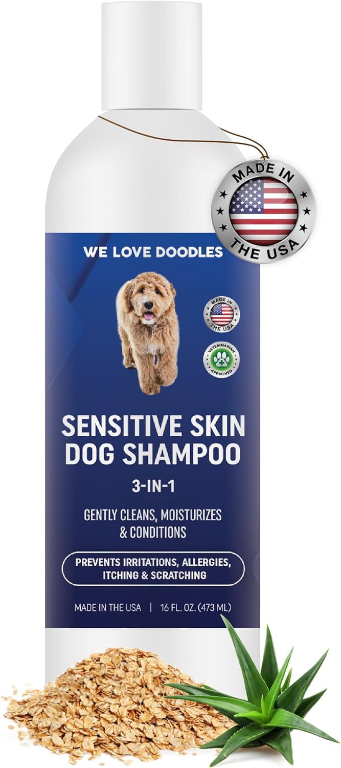 Premium 3-in-1 Sensitive Skin Dog Shampoo, Great for Allergies, Itching, Scratching, Anti-Itch with Oatmeal & Aloe, Made in USA, Itchy Coat Relief, Clean Ingredients, 16 oz [We Love Doodles]