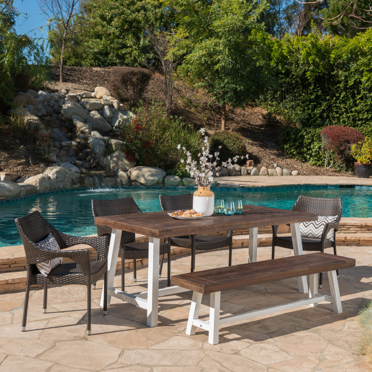 GDF Studio Cessil Outdoor Acacia Wood and Wicker 6 Piece Dining Set, Light Gray Sandblasted and Gray - image 3 of 10
