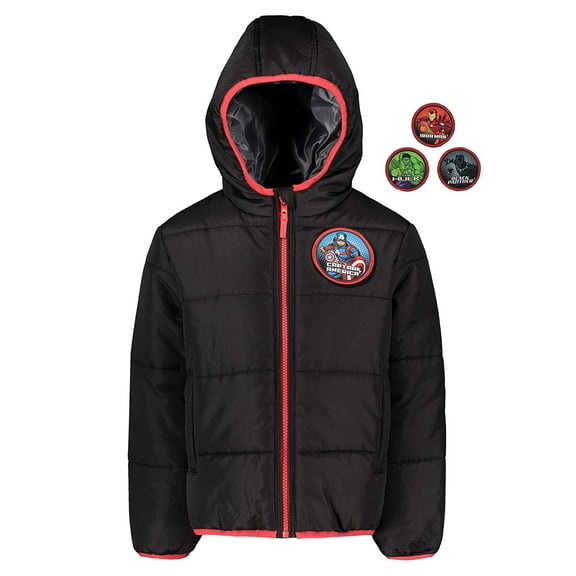 Marvel Avengers Little Boys' Hooded Puffer Jacket with Changeable Patches, Sizes 4-7