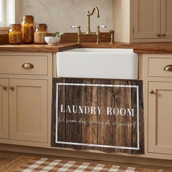 Laundry Room Small Cabinet Curtains 11"W x 13"L, Farmhouse Brown Wooden Simple Art Sink Skirt Dust-Proof Short Curtain for Bathroom Vanity Storage Cubby Desk, Self Adhesive Privacy Drapes