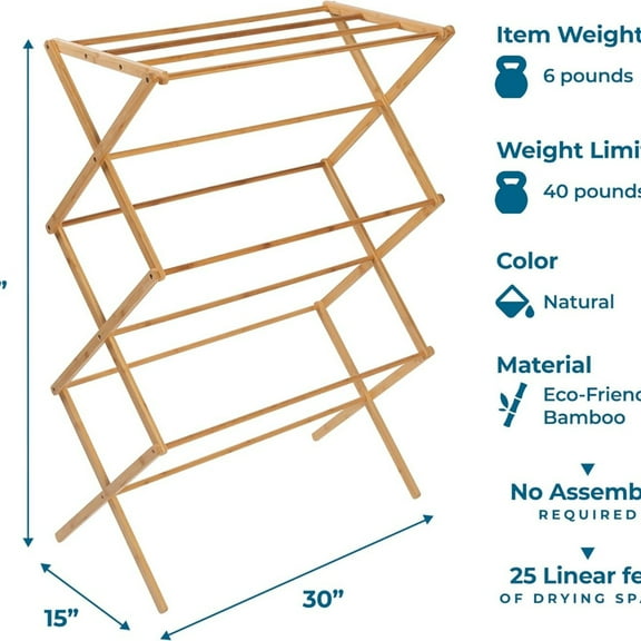Collapsible Bamboo Drying Rack – Sturdy & Foldable Laundry Drying Rack, Space-Saving & Portable Clothes Rack for Air-Drying Clothes, Towels, Blankets & Delicates, Indoor & Outdoor Use.