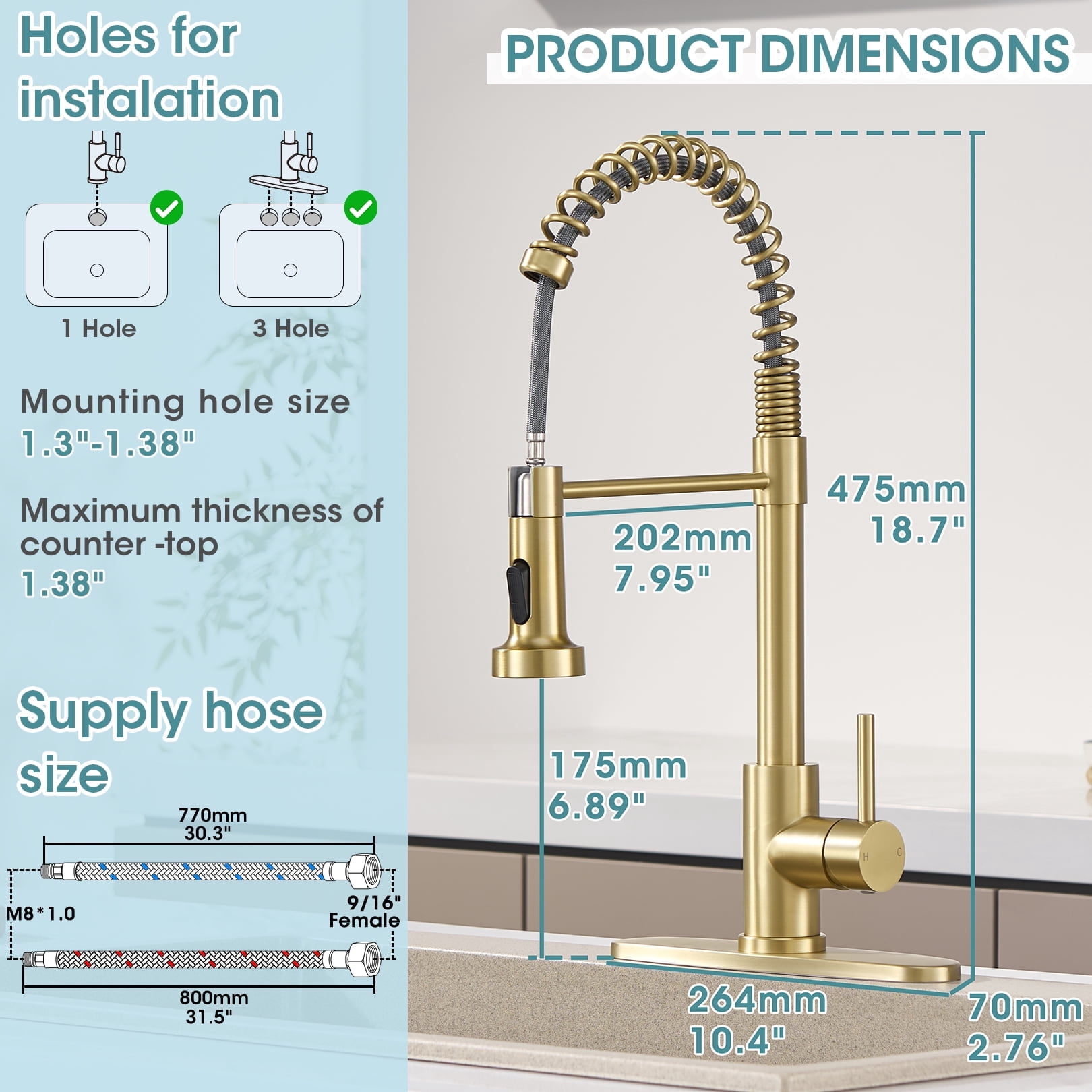 Wowkk Sanitary Ware 304 Stainless Steel Kitchen Faucet with Pull Out Sprayer, 2 Water Modes Single Handle Kitchen Sink Faucets with Deck Plate for Laundry Bar Patio Sink, Brushed Gold