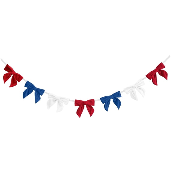 4th of July Fabric Bow Hanging Banner for Independence Day Decorations Patriotic Ribbon Bowknot for Memorial Day Party Venue Decor and Home Wall Styling Red White and Blue Festive Accents
