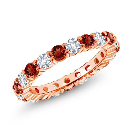 Gem Stone King 18K Rose Gold Plated Silver Round Red Garnet and White Created Sapphire Eternity Band Ring for Women | 1.50 Cttw | Gemstone Birthstone | Wedding Engagement Anniversary Ring | Size 9