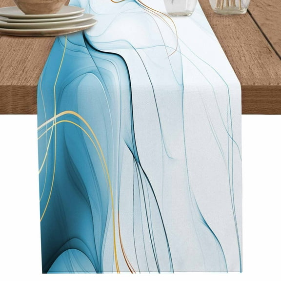 Abstract Blue Gold Marble Table Runner-70 Inch Long Modern Water Ripple Table Runners Linen Burlap Tablerunner for Kitchen Dining Room Holiday Party