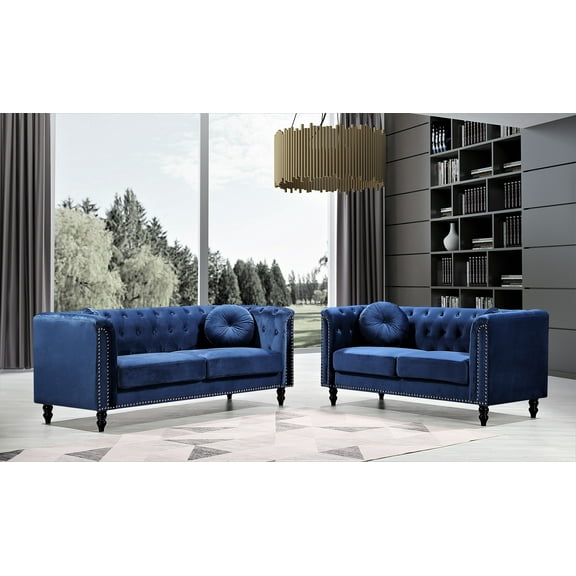 Uspridefurniture Lueck 2 Piece Velvet Living Room Set, Blue, Sofa Loveseat