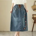 thumbnail image 6 of YUEJUIR Spring and Summer Half Skirt Elastic Waist A Line Skirt High Waist Embroidery Denim Retro Mid Length Style Slimming (Blue,L), 6 of 6