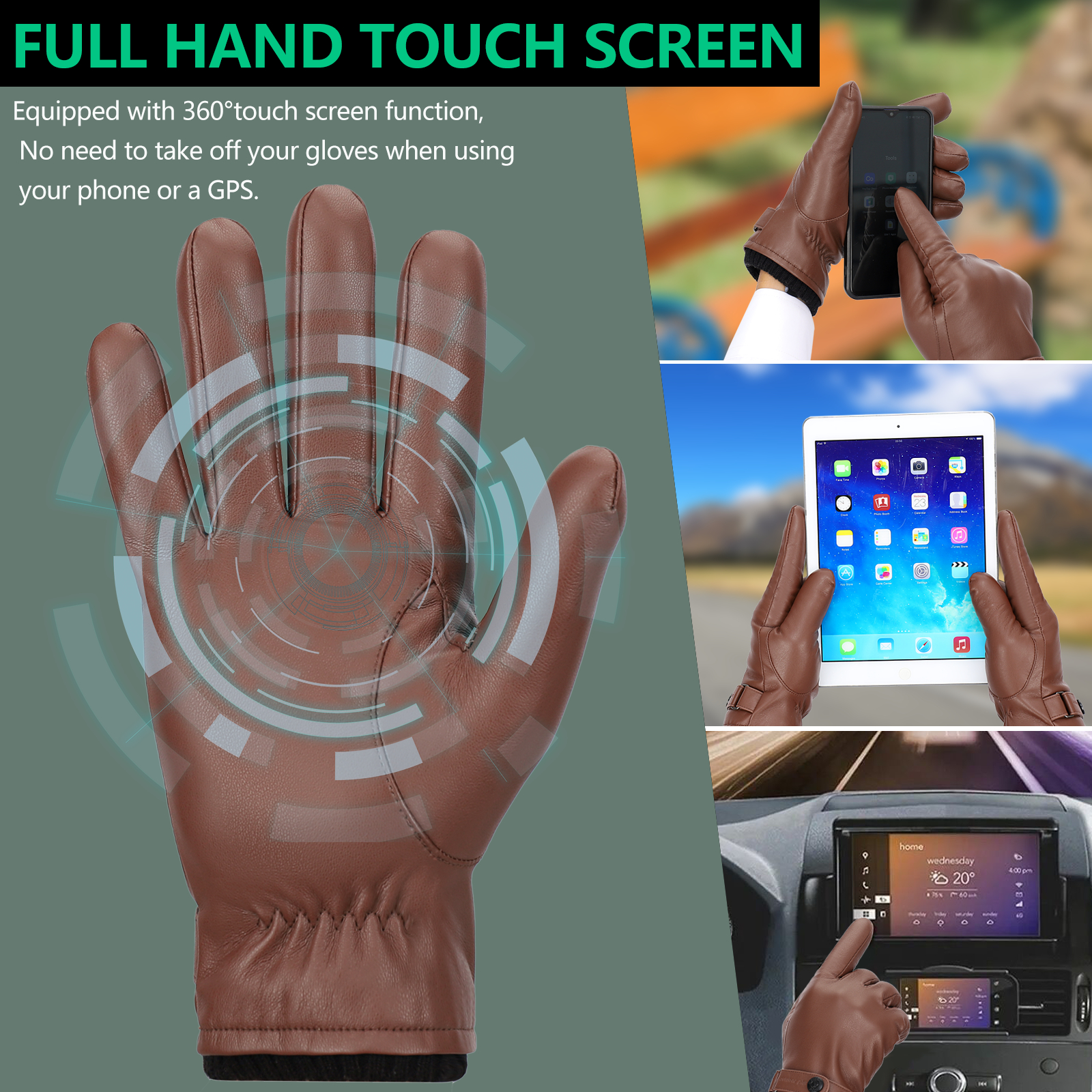 Leather Gloves for Men, Warm Wool Lined PU Leather Winter Gloves Touchscreen Texting,Driving Gloves Men Waterproof - image 3 of 5