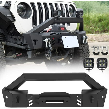 Front Bumper For Jeep 2018-2023 Wrangler JL & 2007-2018 JK & 2019-2023 Gladiator JT with 2x LED Light | 2x D rings | Winch Plate | License Plate Bracket