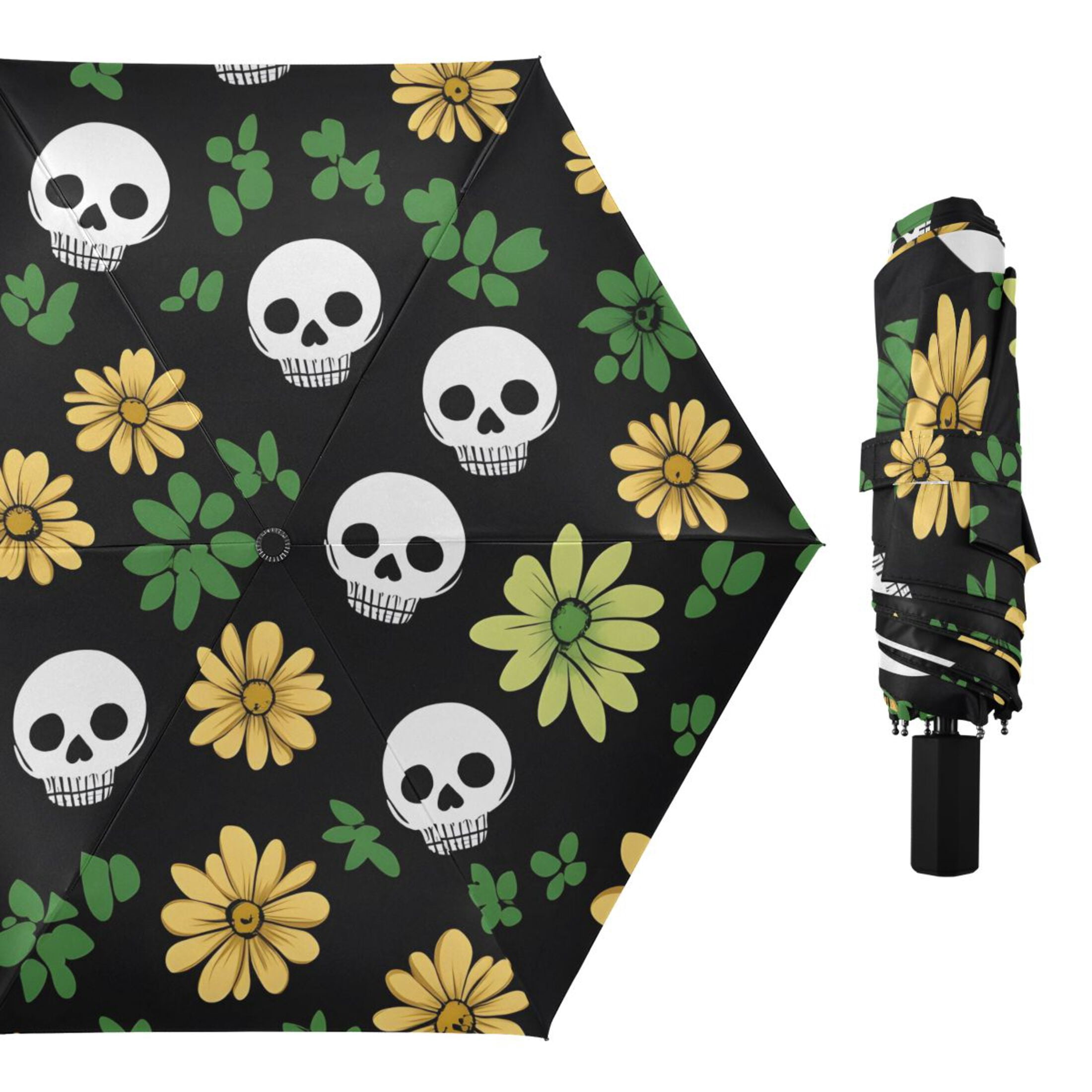 ALAZA Cute Skull in Floral UPF 50+ Compact Folding Umbrella for Rain Travel Umbrella Packable