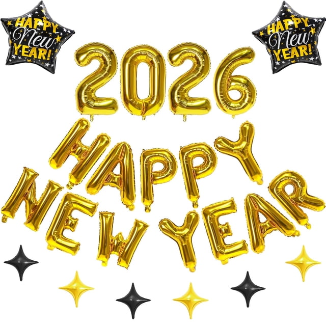 Banner de globos de Año Nuevo Wclliuchi 2026 negro y dorado x27