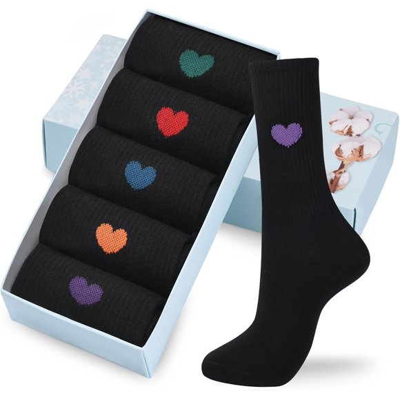Corlap Women's Cute Cotton Crew Socks - Calf High Dress Socks, Novelty Fun Heart Design 5 Pairs (Gift Box)