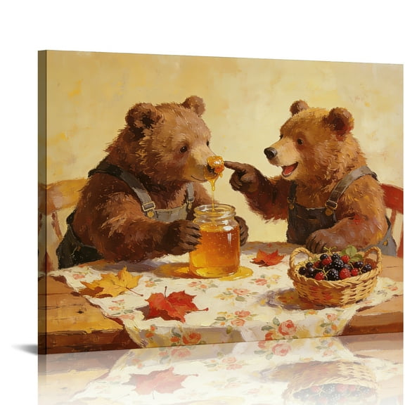 Hidden Frame Canvas Wall Art - Adorable Bear Cubs Honey Interaction Cozy Autumn Style Popular Wall Decor for Kids’ Room & Living Room 16x12in