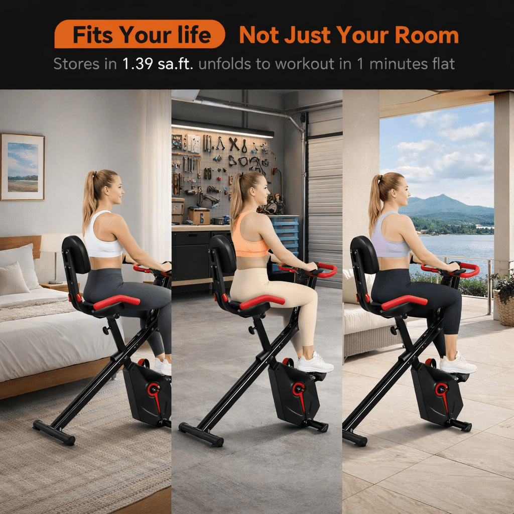 USLIM Foldable Exercise Bike for Home with Arm Resistance Bands, Quiet Magnetic Stationary Bike, LCD Monitor, 300 lb Capacity