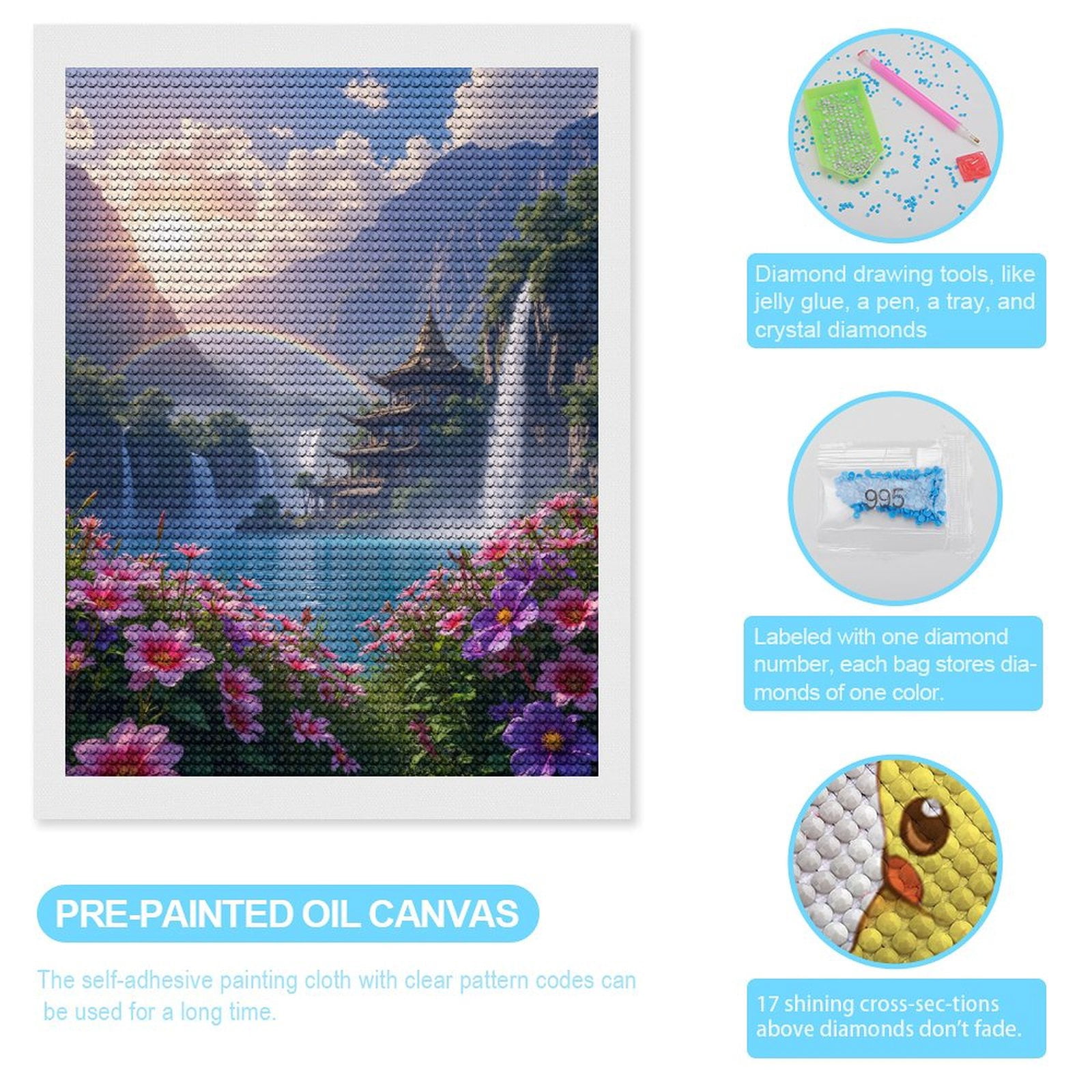 Diamond Art Kits for Adults, Sunset Serenity Waterfall Pagoda