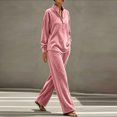 thumbnail image 4 of Szluipve Women Velvet 2 Piece Outfits Stand Collar Henley Button Long Sleeve Top & Elastic Waist Wide Leg Pants Casual Loungewear Matching Set Pink XL, 4 of 6
