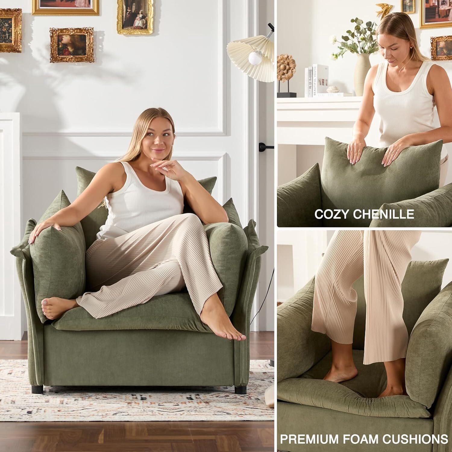 AENKYO Oversized Accent Chair, Chenille Armchair, Single Sofa Lounge for Home, Office, Green