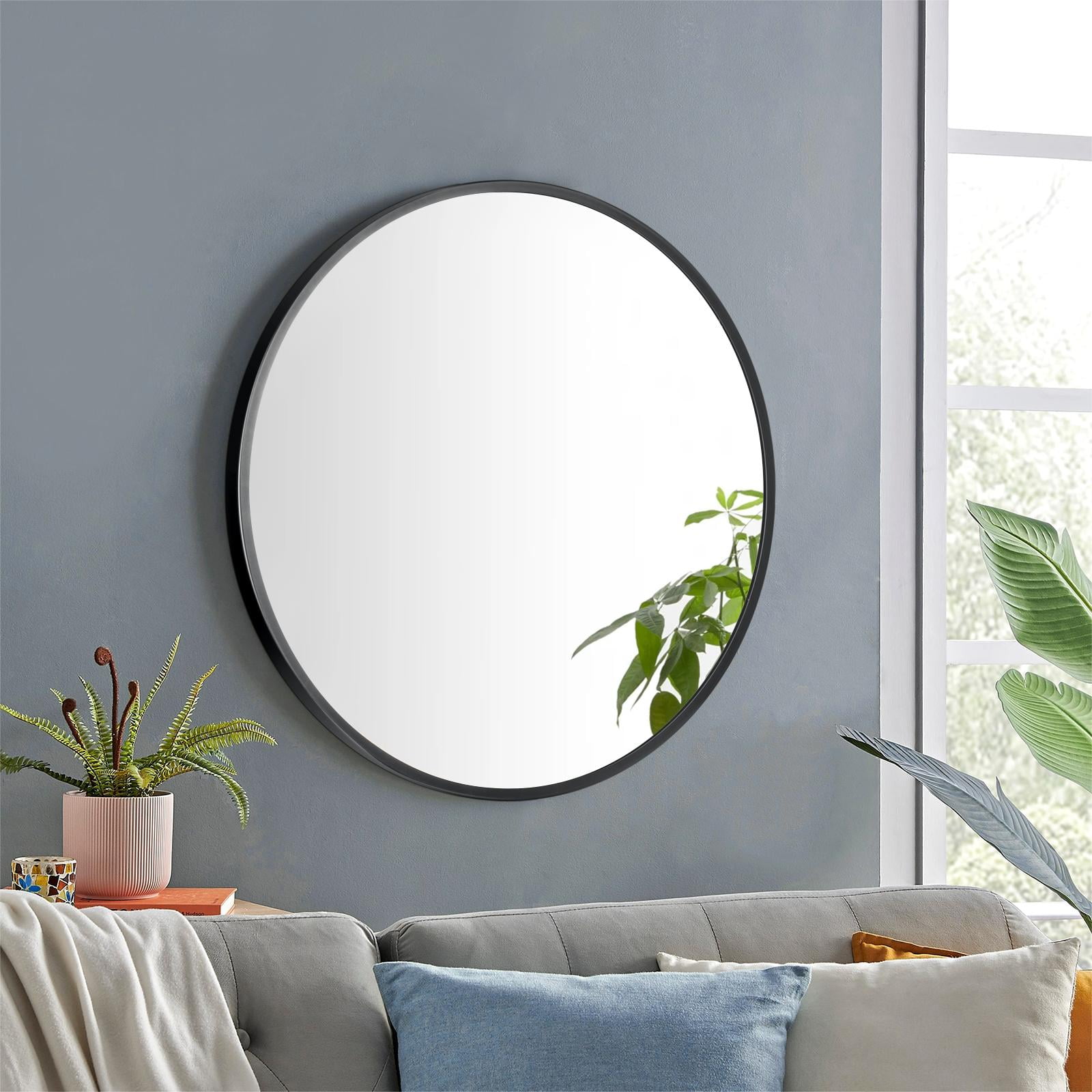 24 inch Black Round Mirror, Wall Mounted Bathroom Mirror with Metal Frame, Modern Home Decor