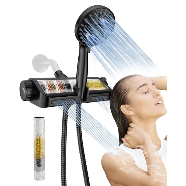 Cabezal de ducha filtrado negro mate, sistema de spa doble 2 en 1, ducha de masaje, 10 modos de ducha de mano, alta presión, modo de lavado a presión