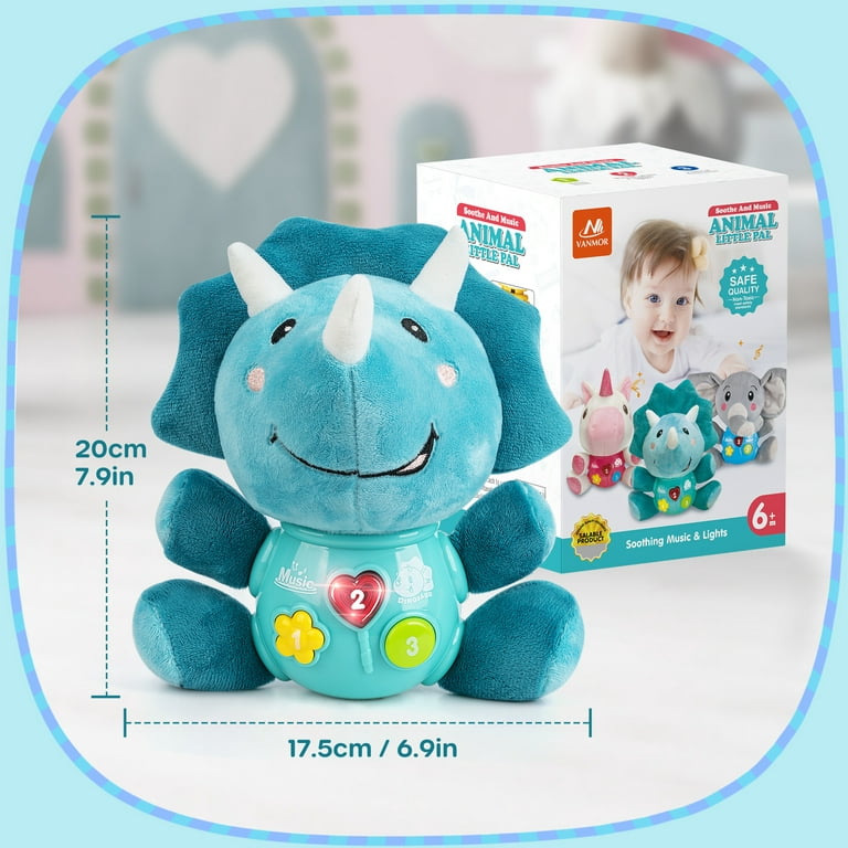 Vanmor Baby Dinosaur Musical Toys, Newborn Boys Soft Plush Stuffed Animal, Infant Cute Stuffed Anima Light Music Triceratops, 1st Birthday Shower Gift