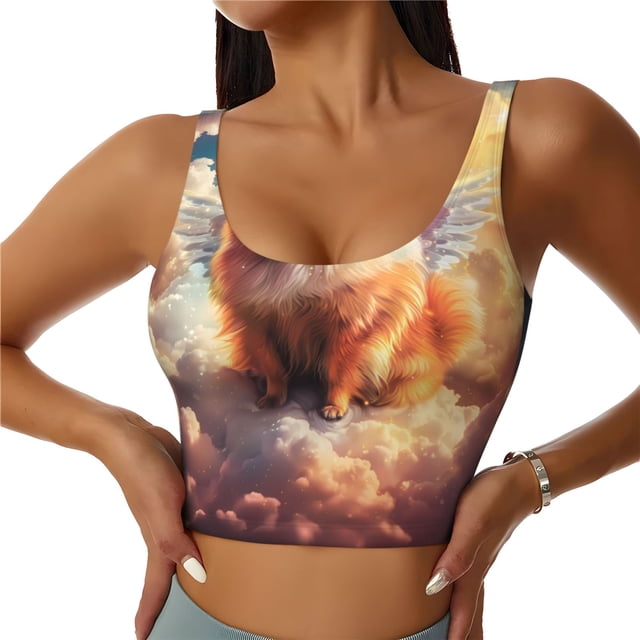Fotbe Cute Cloud Pomeranian Sujetador Deportivo Largo sin Aros para Mujer con Almohadillas y Soporte Medio, Transpirable y Absorbente, Camiseta Tipo Chaleco o Tank Top-Large