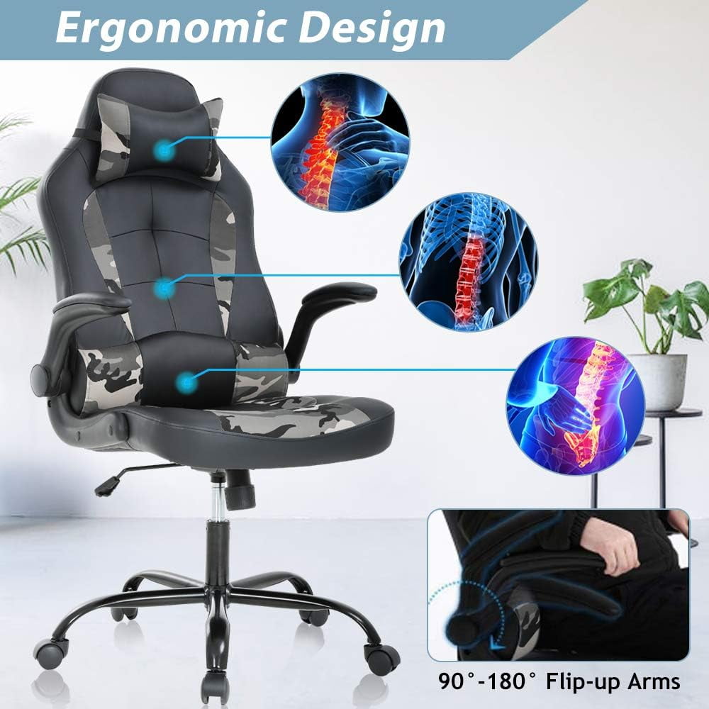 Dkelincs PC Gaming Chair Ergonomic Office Chair with Lumbar Support Flip Up Arms Headrest Adjustable Computer Desk Chair for Adults, Camo
