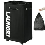 DOKEHOM 29-Inches X-Large Laundry Basket with Removable Wash Bag on Wheels, Collapsible Rolling Laundry Hamper, Foldable Clothes Organizer, Folding Washing Bin (Black)