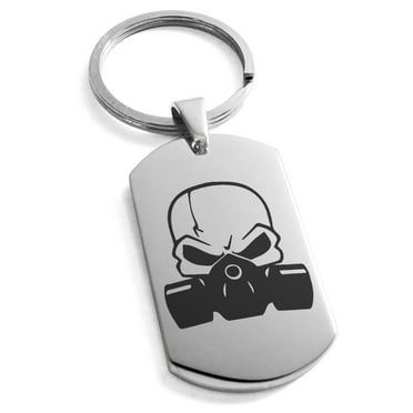 Stainless Steel Biohazard Death Skull Engraved Dog Tag Keychain Keyring