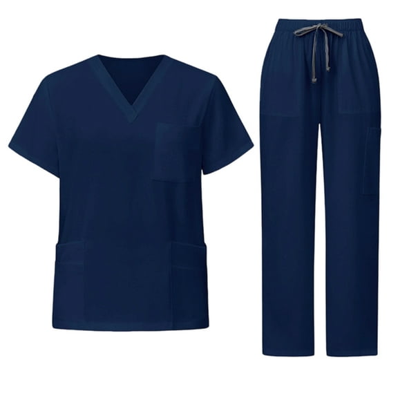 2 Pcs Scrubs for Women Set Plus Size Stretchy Medical Uniformes Scrubs Set Solid V Neck Tops & Wide Leg Cargo Pants 2025 Navy XL