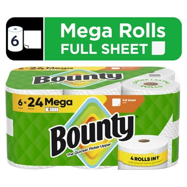 Bounty Paper Towels Full Sheet White, 6 Mega Rolls, 100 Sheets Per Roll
