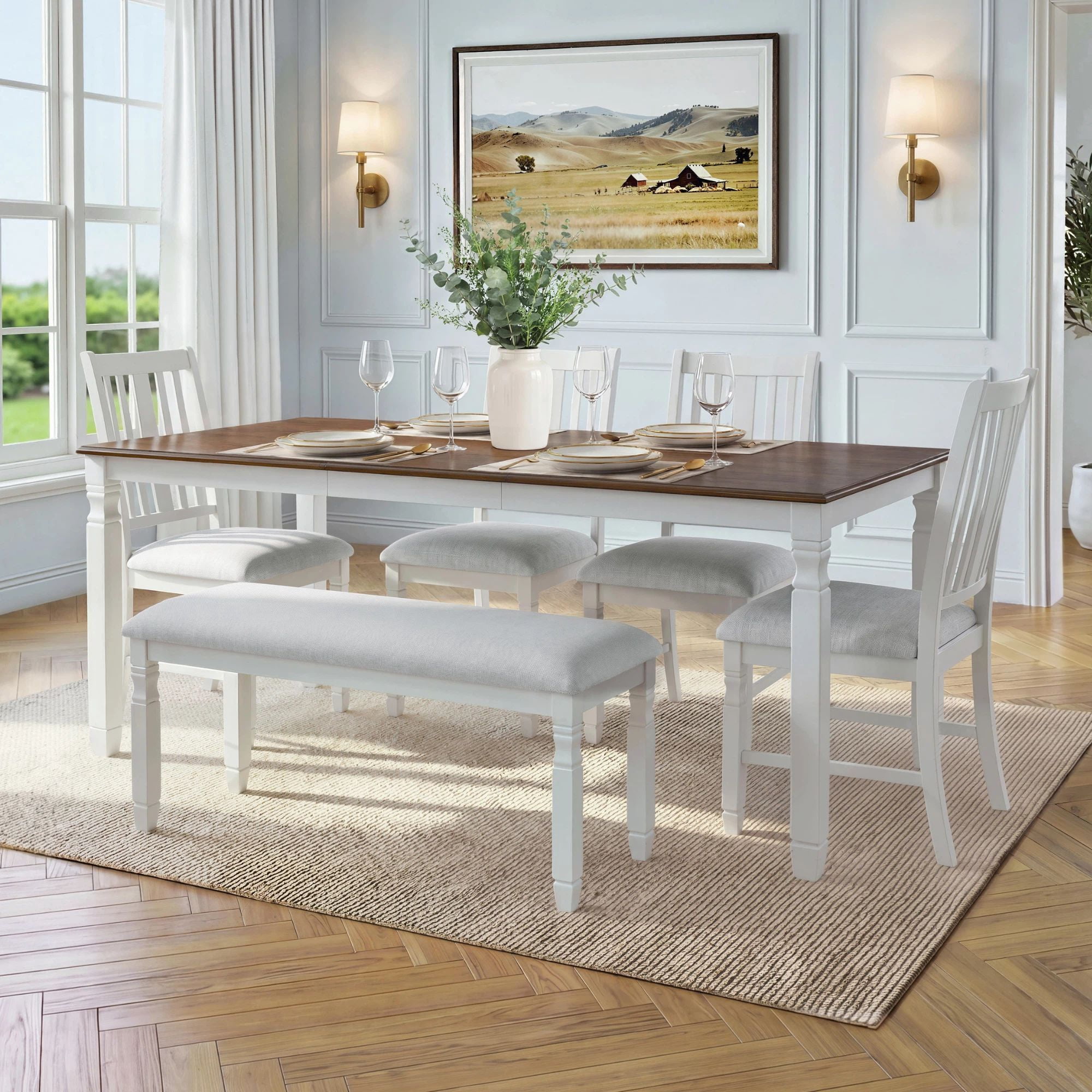 Euroco 6-Piece Dining Table Set for 6, Extendable Kitchen Table Set with 4 Upholstered Chairs and 1 Bench,Farmhouse Dining Set for Small Space, Easy Assembly,Brown + Beige