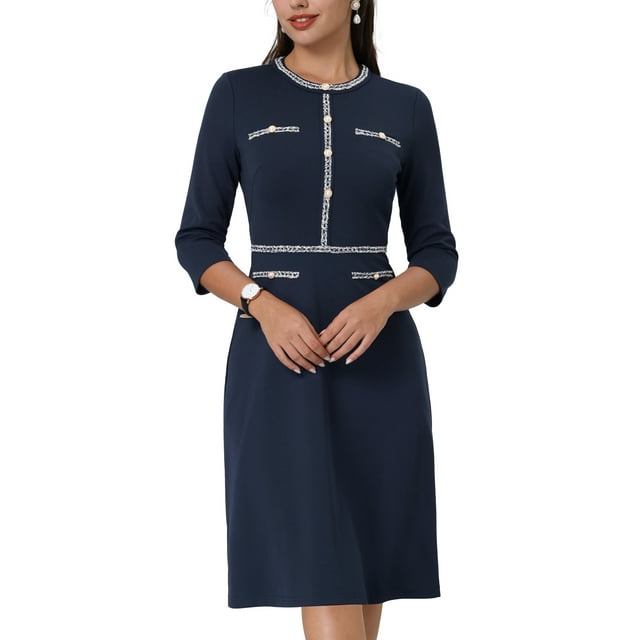INSPIRE CHIC Robe Trapèze pour Femmes Couleur Contrastée Robe en Tweed TG Bleu Marine