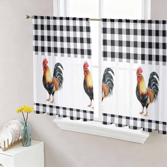 Black White Plaid Rooster Semi Sheer Curtains 45 Inch Length 2 Panels Set, Vintage Farmhouse Checkered Sheer Kitchen Curtain Privacy Voile Window Curtain for Living Room Bedroom Rod Pocket Drapes