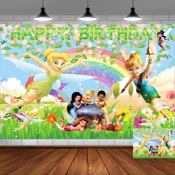 Tinkerbell Backdrop Banner Party Supplies Poster Movie Theme Background for Photography Birthday Decorations