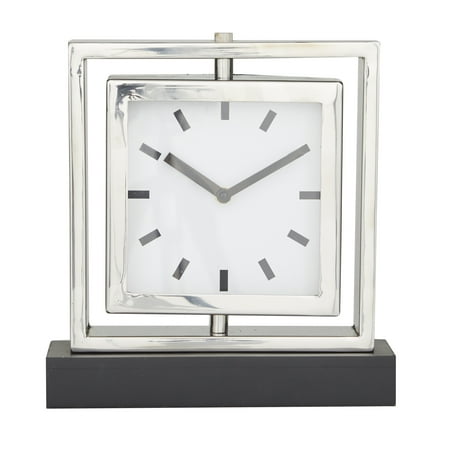 DecMode Stainless Steel Glam Square Table Clock 9 W x 10 H with Silver Framed Structure White Clock Face and Black Base