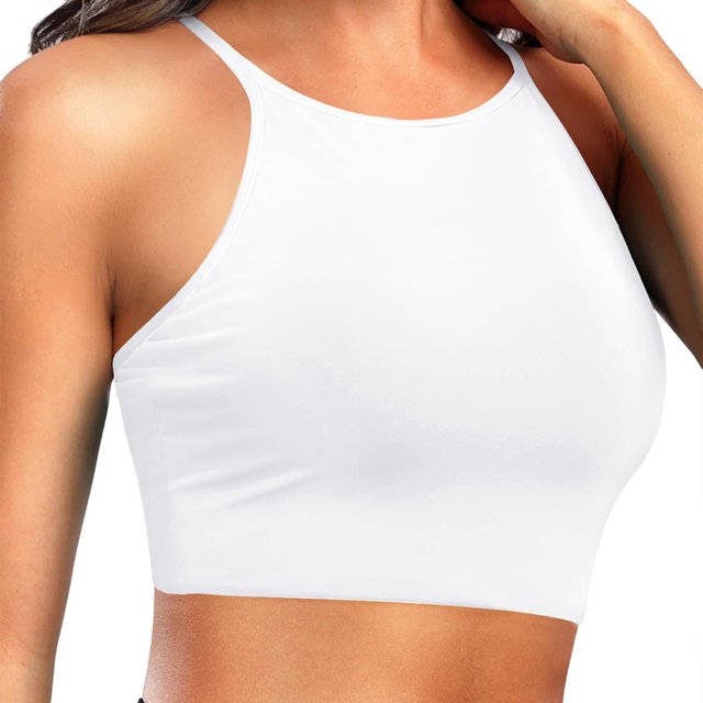 Women's Plus Size Swim Top Solid Color Adjustable Straps Removable Pads Racerback Tankini Top Summer Beach Pool Bathing Suit White