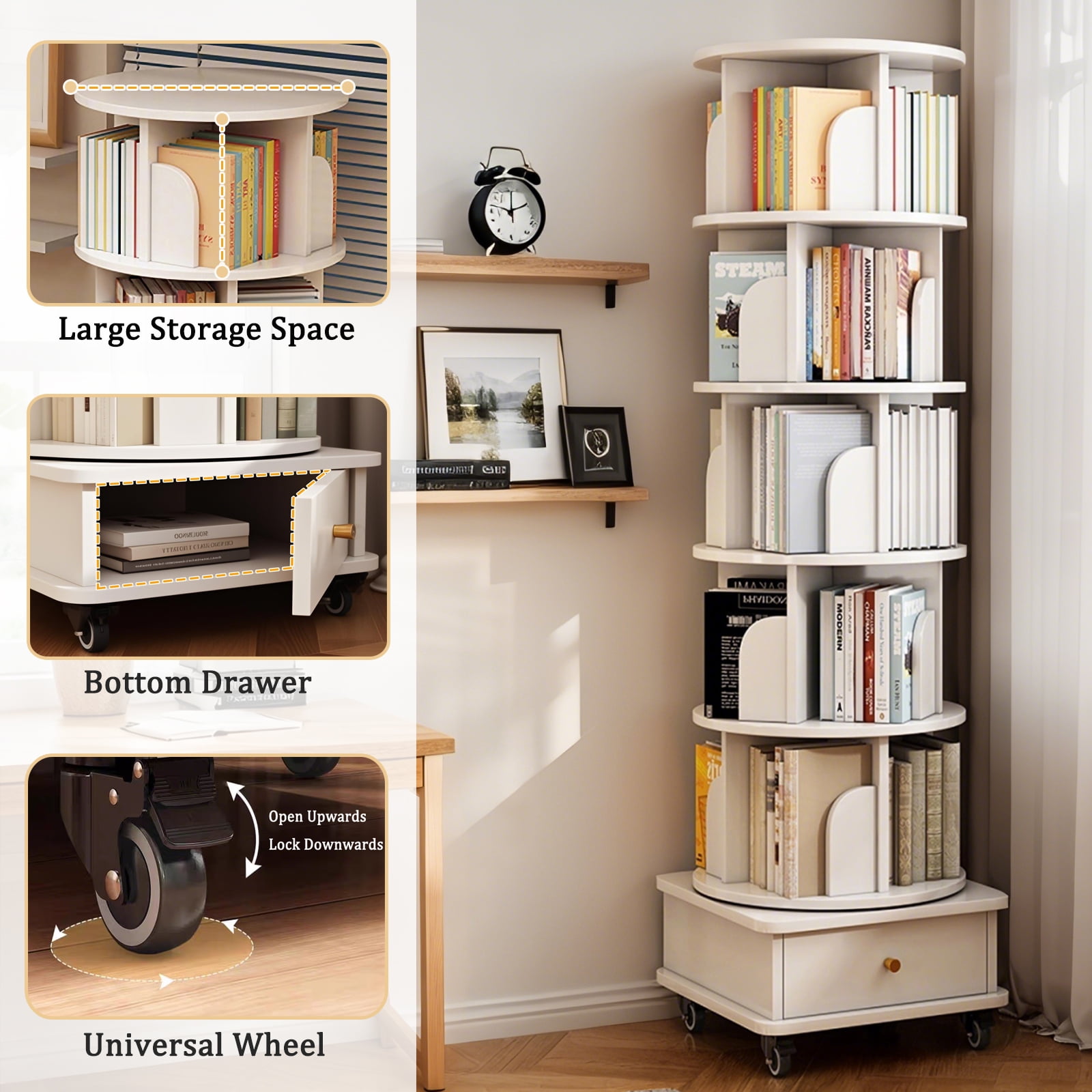 6 Tier Rotating Bookshelf, 360° Display Round Spinning Bookshelf with Wheels and Drawer, Space-Saving, Small Space Rotating Bookshelf Tower for Bedroom, Living Room, Home, Office, Warm White