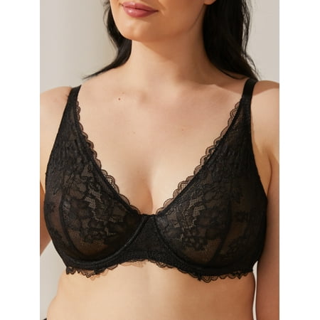 Deyllo Women s Push up Lace Bras Full Figue Non-Padded Underwired Support Plunge Bra Black 36DDD
