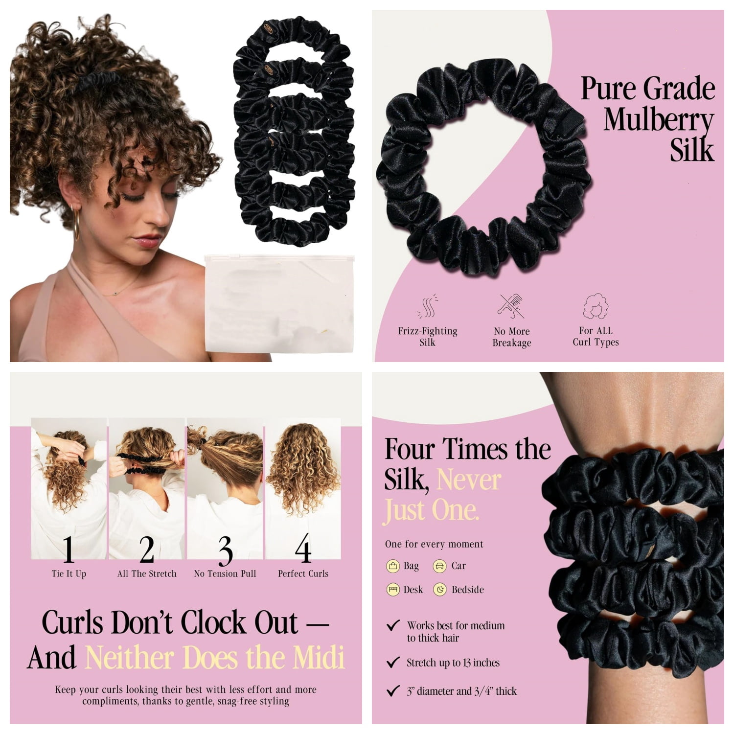 Midi Curly Hair Silk Scrunchies for Women