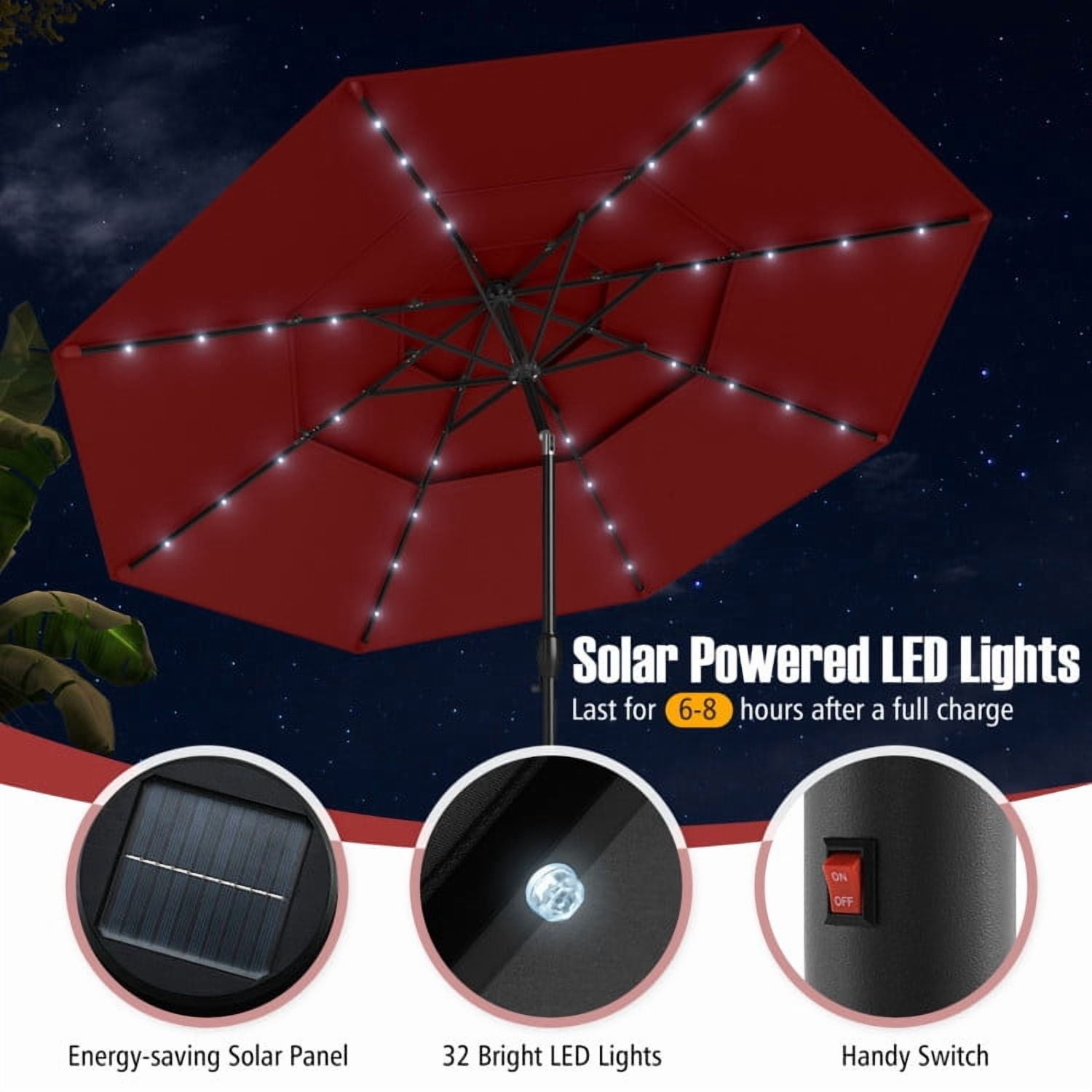 YYAo Outdoor Garden Umbrella,Market Umbrella,10 Feet Solar Patio Umbrella with 32 LED Lights 3-Tier Vented Top-Wine