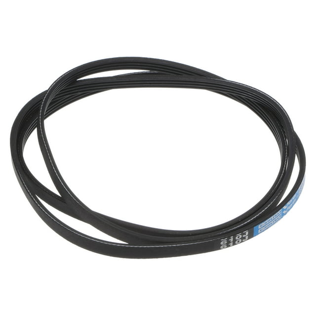 Unique Bargains 610J4 PJ V-Ribbed Belt made of EPDM rubber material, shown in a coiled position. This serpentine belt features a V-ribbed design for enhanced traction, speed transfer, and load distribution. It is resistant to high temperatures, oil, and wear, making it suitable for industrial machinery, appliances, and power tools like compressors, pumps, drills, and saws. The belt measures 50 inches in length and 0.74 inches in width, with a thickness of 0.14 inches.