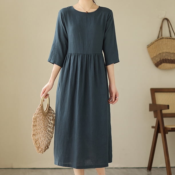 Vestido Largo De Lino Vestido maxi de lino Vestido maxi suelto de estilo casual simple para viajes (Azul marino XXL) Cgtredaw Para estrenar