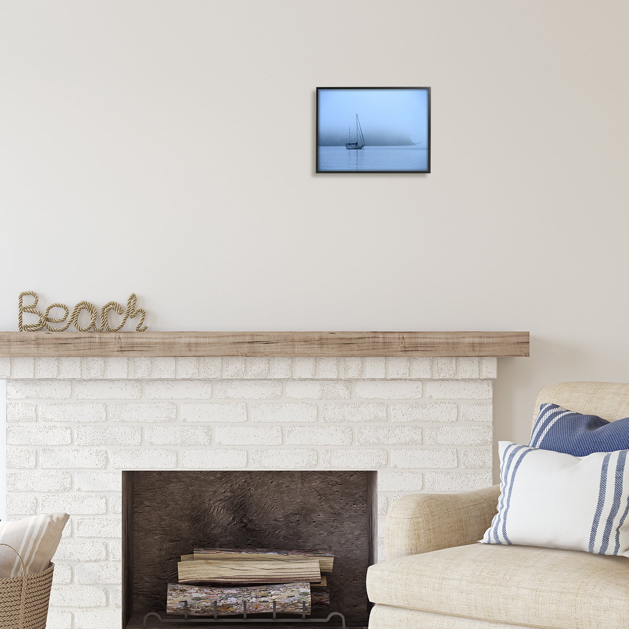 Stupell Industries Foggy Boat Sailing Landscape Photography Black Framed Art Print Wall Art, 14 x 11