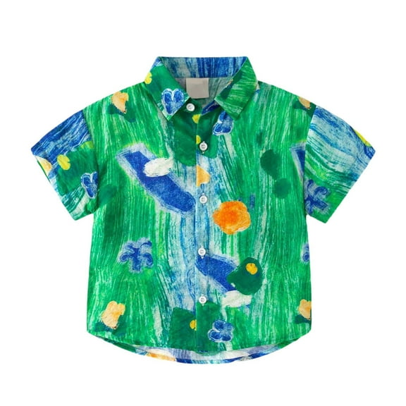 WOYY Toddler Boys Button-Up Shirt Cartoon Print Short Sleeve Beach Summer Shirt for Kids