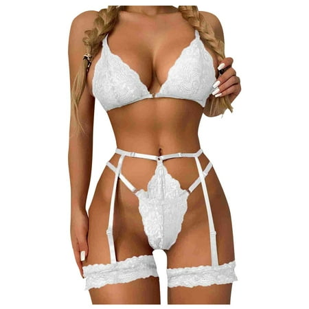 

Qcmgmg Women Lace Floral Babydoll Strappy with Garter Bra and Panty Set Lingerie Set