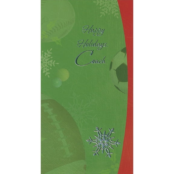 Designer Greetings Large Baseball, Soccer Ball and Football on Green with Silver Snowflake Christmas Card for Coach
