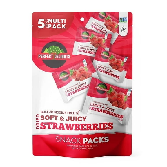 Perfect Delights Snack Pack Strawberries, Sun-Dried Strawberries, On-the-Go Vegan, Healthy Snack, Easy-to-Carry Dried Strawberries, Perfect for Kids & Adults - 5 Pack