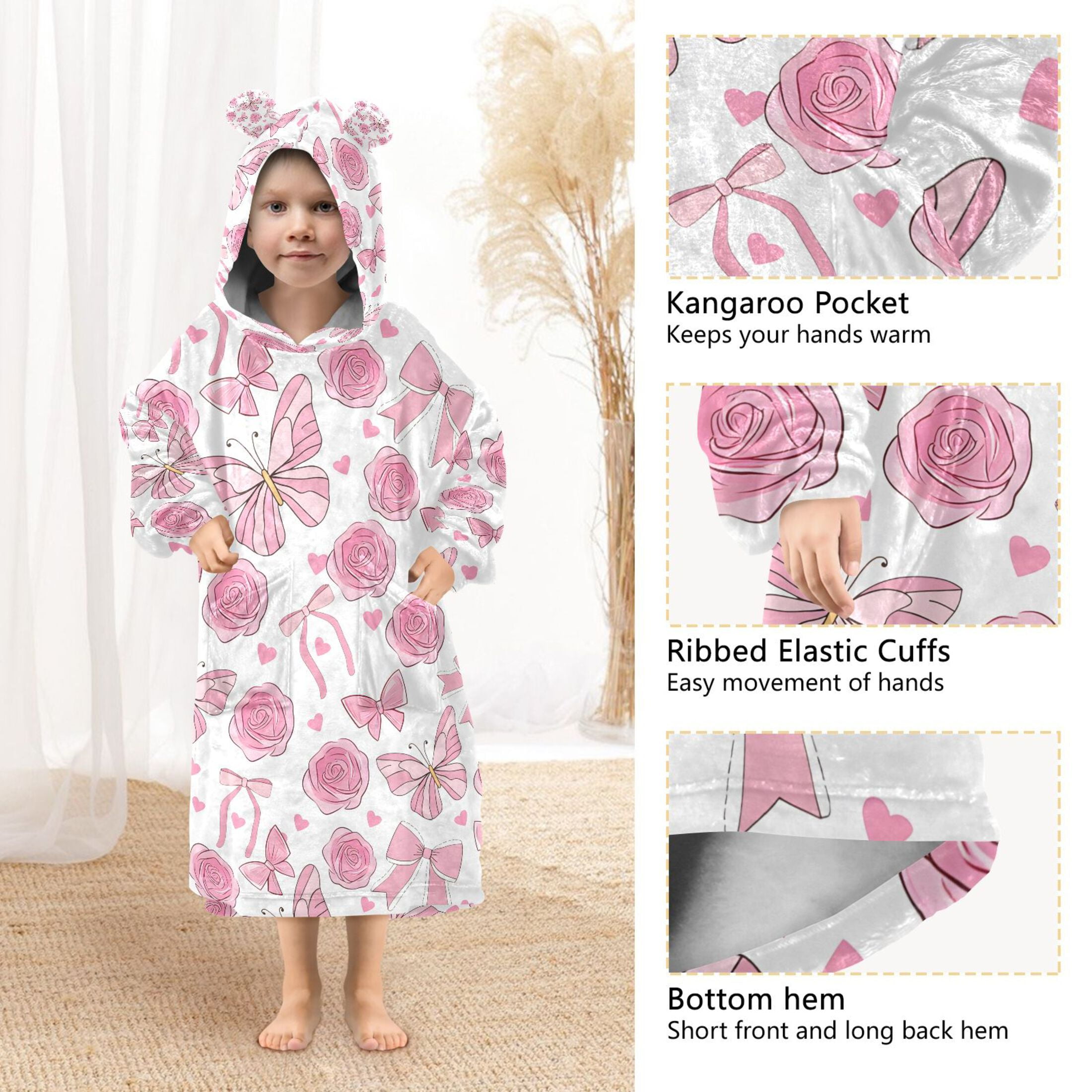 joogoo Blanket Hoodie for Butterflies Roses Bows Oversize Sweatshirt 3-14 YR L